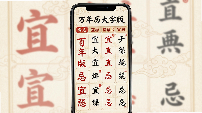 生成一张图片,主体为“万年历大字版”的黄历详情页,布局为手机竖屏截图,排版清晰展示宜忌列表,风格古风典雅,细节包括红色宜字和黑色忌字,背景有淡淡的祥云纹理,画质高清干净,无多余元素,图片顶部标注“万年历大字版”