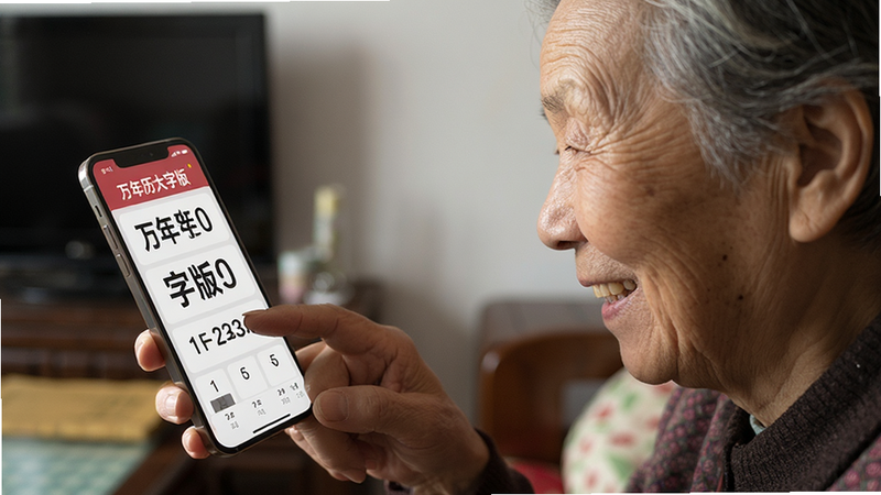 生成一张使用场景图,主体为一位老人用手指点击手机屏幕上的“万年历大字版”应用,布局为侧视角度,排版突出老人专注的神情和手机界面,风格写实生活化,细节包括手机上的大字体日期和老人的笑容,画质清晰自然,无多余元素