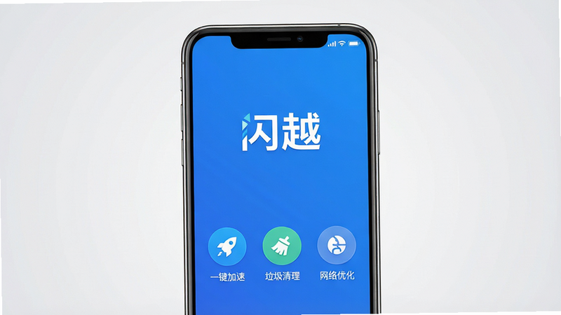 一张展示闪越软件主界面的高清截图,手机屏幕居中,界面以蓝色为主色调,上方显示“闪越”品牌logo,下方排列“一键加速”、“垃圾清理”、“网络优化”三个圆形功能按钮,背景为简洁的浅灰色渐变,画质干净,无多余元素,文字清晰可见