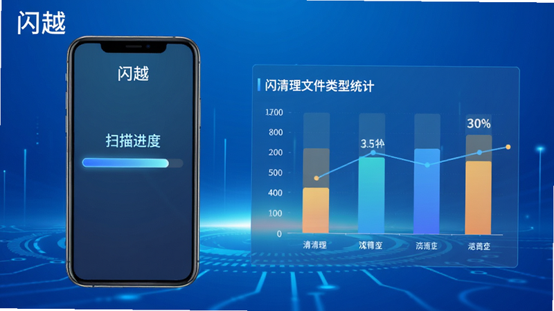 闪越垃圾清理功能界面预览图,左侧为手机屏幕显示扫描进度条,右侧为已清理文件类型统计图表,背景为蓝色科技感渐变,整体布局简洁,画质清晰,文字标注“闪越”字样