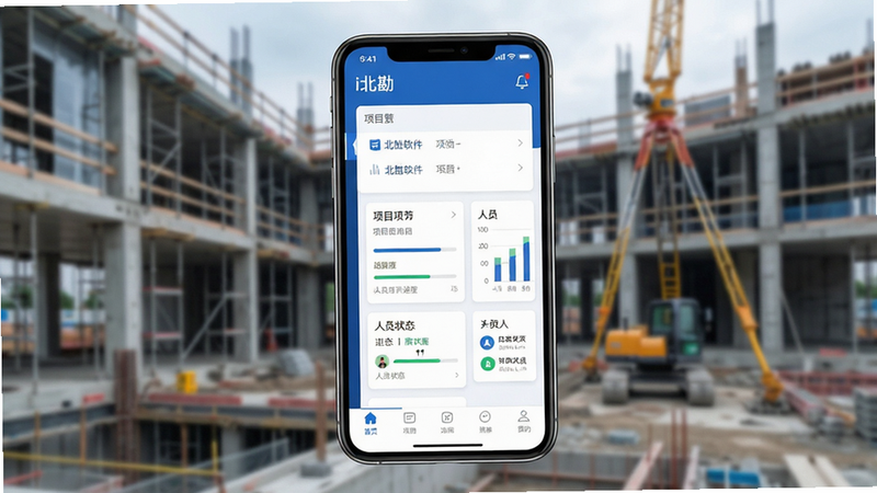 主体:一部智能手机屏幕显示i北勘软件主界面,界面顶部有“i北勘”字样和项目列表,背景为现代建筑勘察现场。布局:手机居中,屏幕内容清晰可见,左侧有简洁的菜单栏,右侧展示数据图表。排版:界面采用卡片式布局,色彩以蓝白为主,整洁有序。风格:扁平化设计,科技感强,类似专业工程管理APP。细节:屏幕上项目名称、进度条、人员状态等元素清晰,底部有导航栏。画质:高清渲染,干净,无多余元素。
