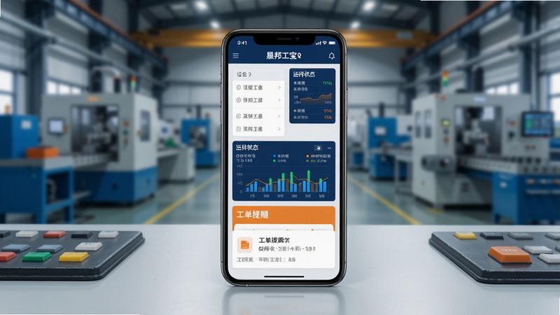 画面主体为一部正在运行晟邦工宝APP的智能手机,屏幕界面清晰展示设备列表、运行状态图表与工单提醒卡片,手机置于整洁的工业控制台桌面上,背景有模糊的现代化工厂车间轮廓,布局采用居中构图,手机屏幕内容细节丰富,整体风格写实且专业,色彩以深蓝与橙色点缀,画质高清,干净无多余元素。