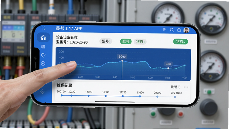 画面主体为晟邦工宝APP的设备详情界面,上方显示设备名称、型号与状态标签,中部为运行参数曲线图,下方为维保记录时间轴,手机横屏展示,左侧有手臂滑动操作,背景为模糊的配电柜与仪表盘,布局清晰,界面UI扁平化设计,蓝色科技色调,画质细腻干净。