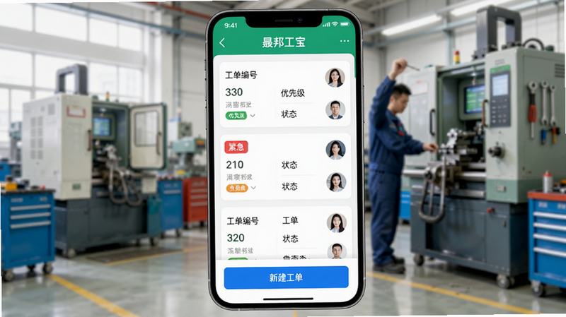 画面主体为晟邦工宝APP的工单列表界面,卡片式布局展示工单编号、优先级、状态与负责人头像,其中一张工单标记为“紧急”,底部有蓝色“新建工单”按钮,手机背景为车间设备维修场景,光线明亮,界面简洁,绿蓝配色,画质清晰,无杂乱元素。
