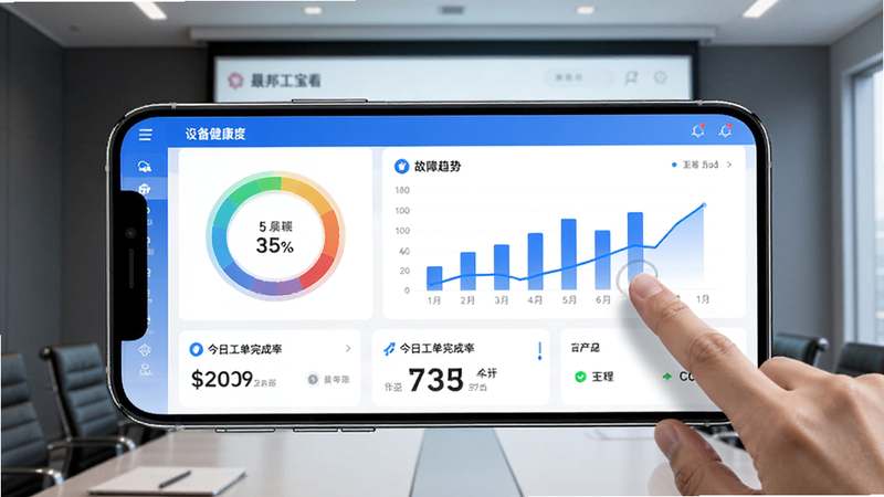 画面主体为晟邦工宝APP的数据看板界面,顶部为“设备健康度”环形图,中部为柱状故障趋势图,下方为今日工单完成率卡片,手机横屏,右侧有手指点击折线图,背景为会议室投影屏幕,风格商务简约,蓝白配色,高清晰度。