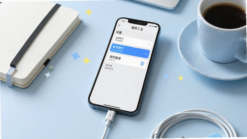 画面主体为一部手机显示晟邦工宝APP的“设置”界面,其中“省电模式”和“指纹登录”选项高亮,手机下方有充电线,背景为办公桌一角,有笔记本和咖啡杯,整体风格清新自然,布局规整,浅蓝色主调,画质干净明亮。