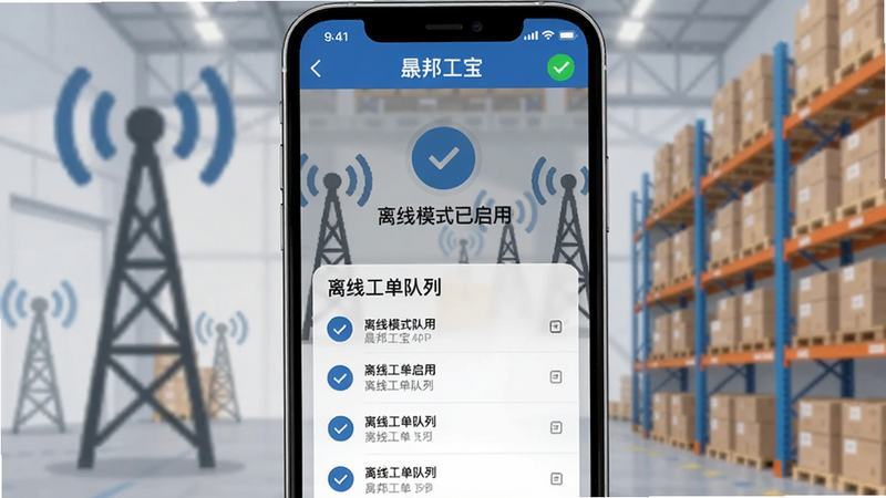 画面主体为晟邦工宝APP在无网络状态下的提示界面,显示“离线模式已启用”图标,下方为离线工单队列,背景为信号塔与仓库货架,手机屏幕上有绿色同步成功标识,整体风格务实,蓝色与灰色搭配,画质清晰。