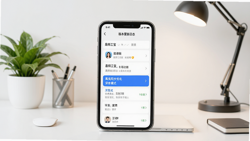 画面主体为手机屏幕展示晟邦工宝APP的“版本更新日志”页面,上面用列表形式列出新功能,其中“离线同步优化”和“深色模式”用蓝色高亮,背景为现代简约的书桌,有绿植和台灯,画面清晰,风格明亮,干净无杂物。