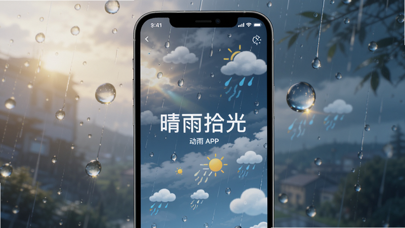 主体为手机屏幕,展示晴雨拾光APP的动态天气背景,布局居中,排版简洁,风格唯美写实,细节展示雨滴与光影,画质4K,干净,文字