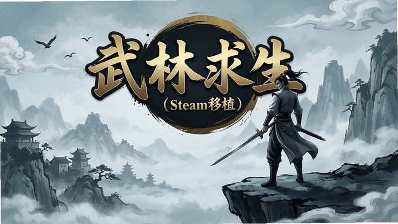 一张高质量的游戏宣传海报,主体是“武林求生(steam移植)”的游戏Logo,背景是水墨风格的武侠江湖场景,一位侠客手持长剑伫立在悬崖边,远处有飞鸟和云雾,整体色调为青灰与暗金,构图大气,细节丰富,8k分辨率,干净无多余元素