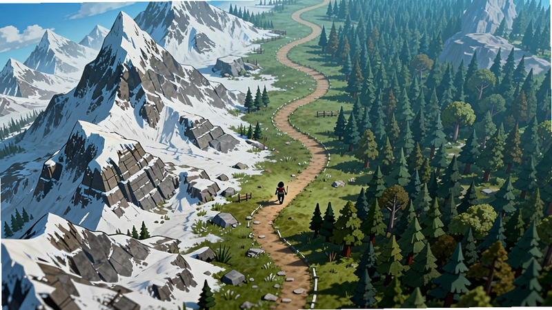 游戏地图全景图,展示雪山与森林交界的景色,中间有一条蜿蜒的小路,主角身影渺小地走在路上,体现地图的广阔与探索感,俯瞰视角,色彩丰富,高清画质