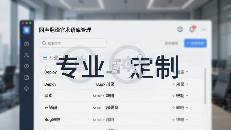 展示“同声翻译官”术语库管理界面的截图风格图,列表显示“Deploy”->“部署”,“Bug”->“缺陷”等映射关系,界面整洁,带有搜索栏,背景虚化处理,强调“专业”与“定制”,文字清晰可读,UI设计现代