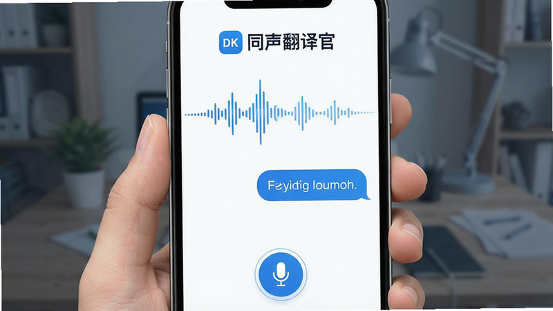 一张展示“同声翻译官”App界面的高清UI设计图,主体为手机屏幕,布局简洁现代,顶部显示“同声翻译官”Logo,中间为实时语音波形动画与中译英对话气泡,底部为麦克风按钮,风格扁平化,色彩以科技蓝和白色为主,细节清晰,画质8k,无多余元素