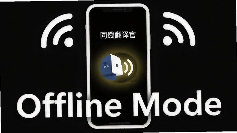 “同声翻译官”离线模式示意图,主体为手机图标,周围环绕着断开的Wi-Fi信号标志,但翻译图标依然发光工作,背景为深色模式,突出“离线可用”与“安全”,文字“Offline Mode”居中显示,风格极简,高对比度