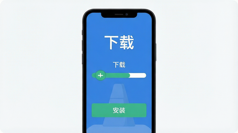 大转盘新决定下载流程示意图,手机屏幕显示下载进度条,下方有安装按钮,背景简洁,风格扁平,干净,无多余元素,高清,文字