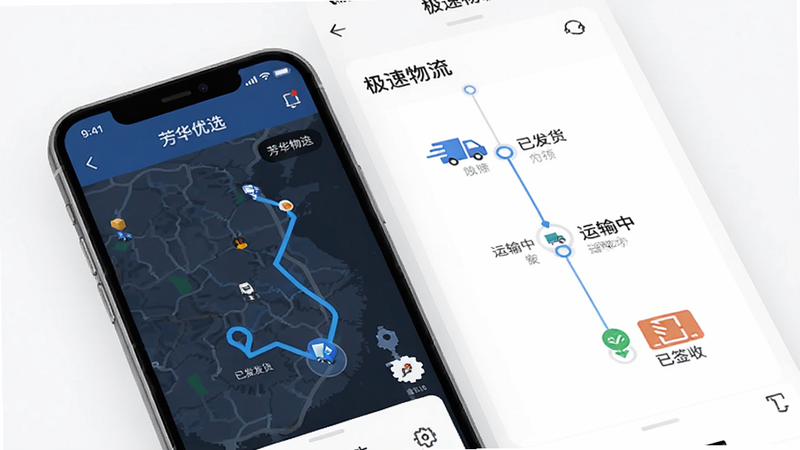 主体为“芳华优选”APP物流追踪页面,布局包含地图轨迹与时间轴状态,风格简洁直观,细节显示“已发货”、“运输中”、“已签收”节点,画质高清,干净无多余元素,文字“极速物流”