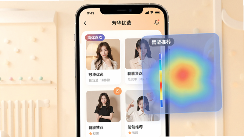 主体为“芳华优选”APP个性化推荐界面,布局为卡片式商品展示,风格科技感与温馨感结合,细节包含“猜你喜欢”标签与点击率热力图效果,画质清晰,干净无多余元素,文字“智能推荐”