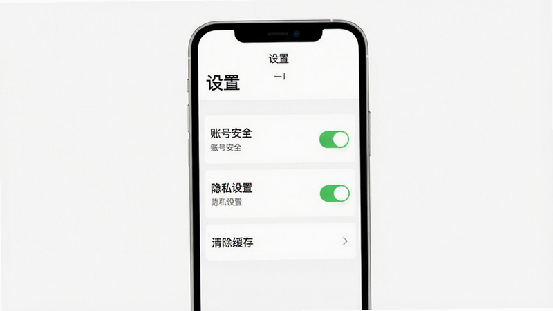 主体为“芳华优选”APP设置界面,布局包含账号安全、隐私设置、清除缓存选项,风格极简白底黑字,细节显示权限开关状态,画质清晰,干净无多余元素,文字“设置”
