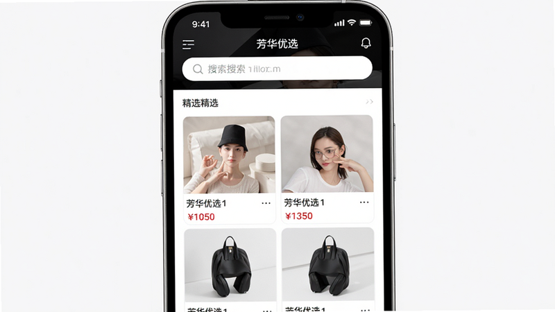 主体为手机屏幕展示“芳华优选”APP首页,布局清晰,顶部搜索栏醒目,中间展示精选商品瀑布流,风格简约现代,细节包含高清商品图与价格标签,画质4k,干净无多余元素,文字“芳华优选”清晰可见