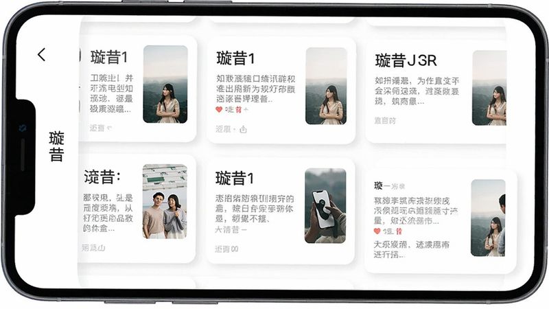 ����Ϊ�ֻ���Ļ���棬չʾ�������APP����Ϣ��ҳ�棬��Ƭʽ��ƣ�ÿ�ſ�Ƭ�������⡢ժҪ������ͼ������Ϊ�ٲ������Ű��������򣬷��Ϊ��ƽ����ƣ�ϸ�ڴ���΢�����ӰЧ���������������ɾ����޶���Ԫ��