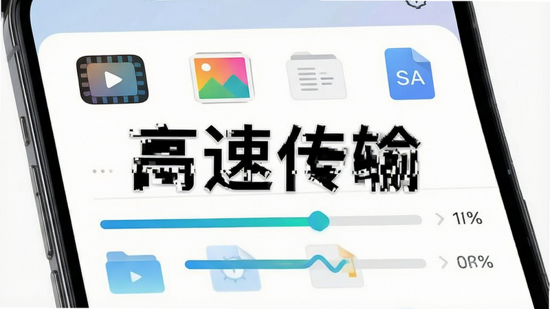 主体是手机界面显示文件列表,布局为网格状图标排列,包含视频、照片、文档图标,排版整齐有序,风格为现代UI设计,细节展示进度条快速填充动画效果,画质清晰,干净,无多余元素,文字标签'高速传输'醒目显示