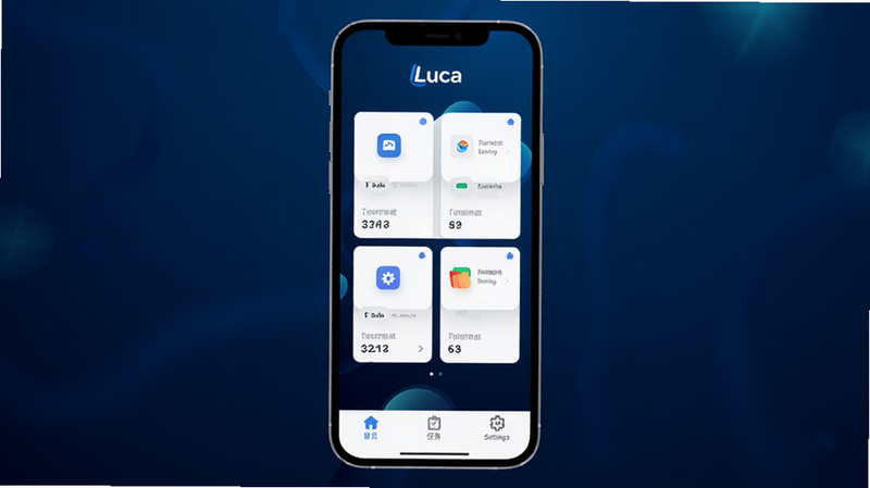 Luca 应用主界面预览,手机屏幕居中显示,背景为深蓝色科技渐变,界面展示清晰的卡片式布局,顶部有
