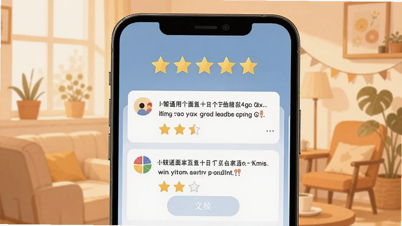 用户评价界面,显示五星好评和正面评论,背景温馨,风格扁平化,高清,干净