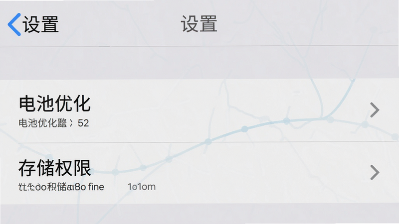主体为手机设置界面截图,显示“电池优化”与“存储权限”选项,背景为浅灰色,文字清晰可见,风格为系统原生UI,布局简洁,细节准确,画质高清,干净,无多余元素,文字“设置”在顶部
