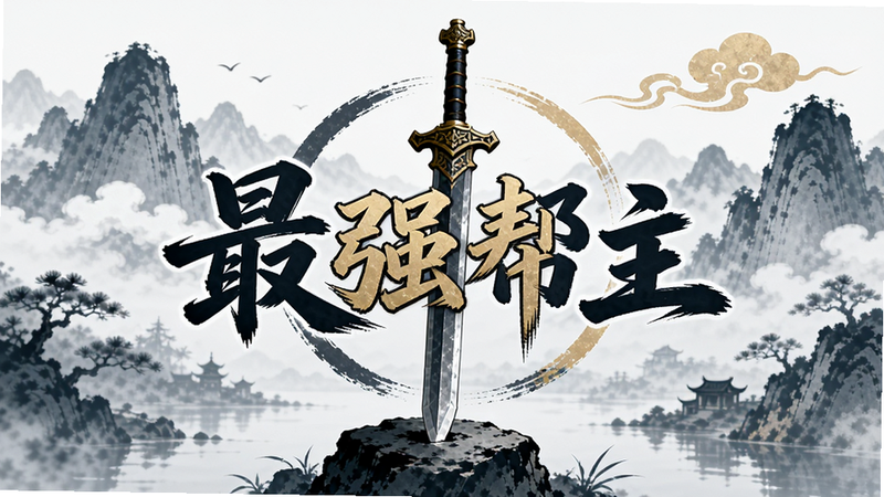 主体为《最强帮主》游戏Logo,背景是水墨风格的江湖场景,远处有山峦与云雾,近处有一柄古朴长剑插在岩石上,整体色调为青灰与淡金,排版居中,风格为中式极简水墨风,细节丰富,画质高清,干净,无多余元素,文字“最强帮主”位于Logo中心,字体苍劲有力