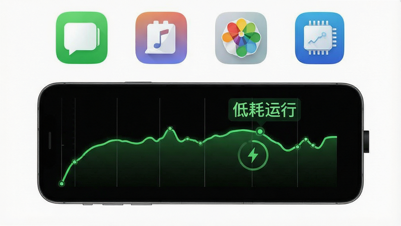主体为手机电池与CPU状态监控图表,布局为上下结构,上方为应用图标,下方为数据曲线,排版简洁直观,风格为科技数据可视化风格,细节展示绿色低负载曲线,文字标注“低耗运行”醒目,画质清晰,背景为纯白色,无其他干扰元素