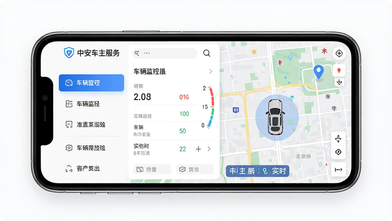 一张展示“中安车主服务”APP界面的高清预览图,主体为手机屏幕,显示车辆监控仪表盘,布局清晰,左侧为功能菜单,右侧为车辆实时位置地图,风格现代简约,细节丰富,画质清晰,干净无多余元素