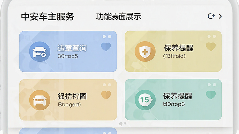 “中安车主服务”功能界面展示图,主体为功能列表卡片,布局整齐,包含违章查询、保养提醒图标,风格扁平化,色彩柔和,细节精致,画质高清,无多余装饰