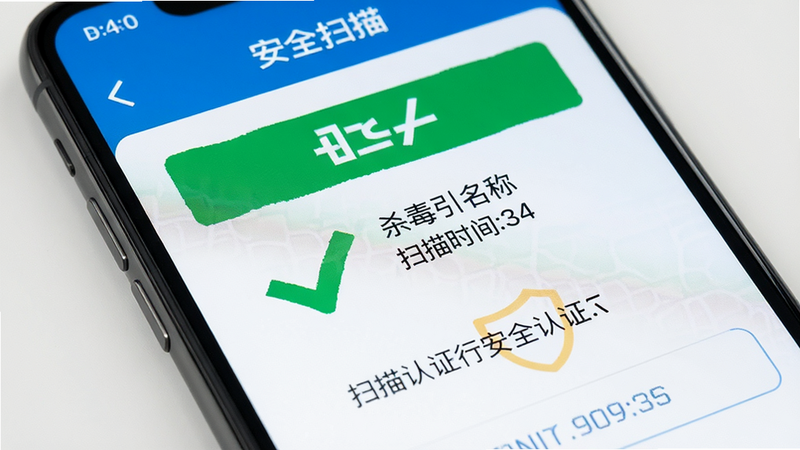马上去旅行安全认证标识展示,主体为手机安全扫描报告界面,布局显示“安全”绿色对勾、杀毒引擎名称、扫描时间,风格专业可信,细节清晰,高清画质,干净无多余元素