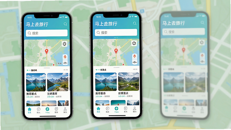 马上去旅行APP主界面全景展示,主体为手机屏幕,布局清晰,顶部显示“马上去旅行”Logo及搜索栏,中部为地图模块与推荐景点卡片,底部为功能导航栏,风格清新扁平化,细节丰富,高清画质,干净无多余元素