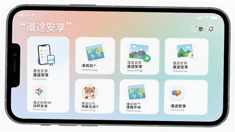 主体为手机屏幕界面,展示漫途安享APP首页,布局采用卡片式排列,排版整洁有序,风格为现代扁平化设计,细节包含柔和的渐变背景与清晰的图标,画质高清,干净,无多余元素,文字