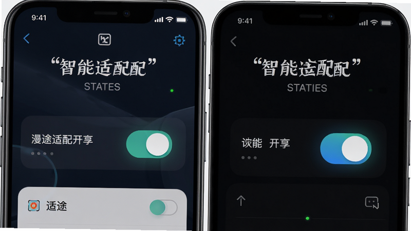 主体为手机设置界面,展示漫途安享的智能适配开关,布局左右分栏,排版清晰,风格科技感,细节包含发光的开关按钮与状态指示灯,画质细腻,干净,无多余元素,文字
