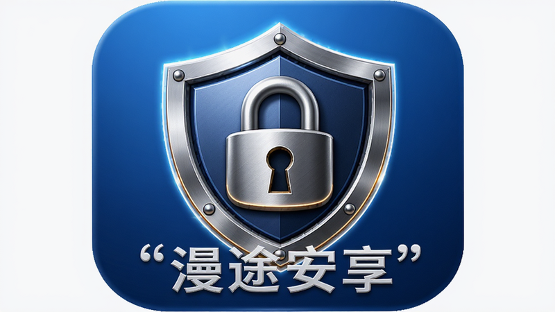 主体为盾牌与锁的组合图形,置于漫途安享APP图标之上,布局居中,排版稳重,风格安全可靠,细节包含金属质感纹理与发光边框,画质清晰,干净,无多余元素,文字
