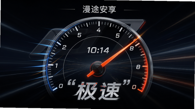 主体为速度仪表盘图形,指针指向最高刻度,背景为漫途安享的启动画面,布局中心对称,排版简洁,风格动感流畅,细节包含速度线条与光效,画质高保真,干净,无多余元素,文字