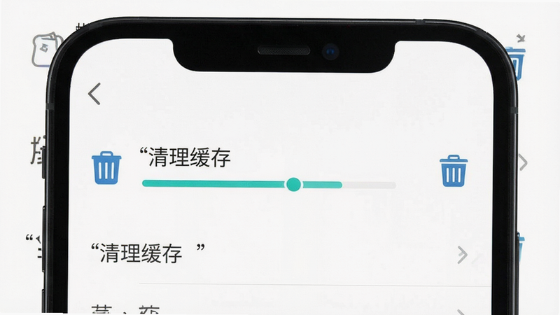 主体为手机设置页面,展示存储清理选项,布局列表式,排版整齐,风格简洁实用,细节包含进度条与垃圾桶图标,画质清晰,干净,无多余元素,文字