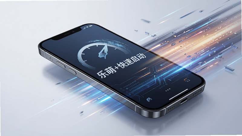 生成一张展示乐萌+快速启动过程的概念图,主体为手机屏幕与速度线条的结合,布局动感,排版紧凑,风格科技感强,细节体现速度感,画质清晰,干净无多余元素
