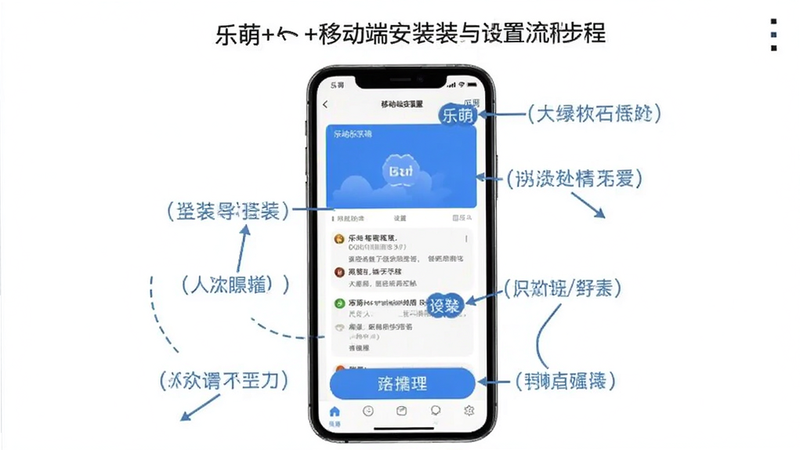 生成一张乐萌+移动端安装与设置步骤的流程图,主体为手机界面截图拼接,布局纵向排列,排版清晰,风格教程化,细节标注关键按钮,画质清晰,干净无多余元素