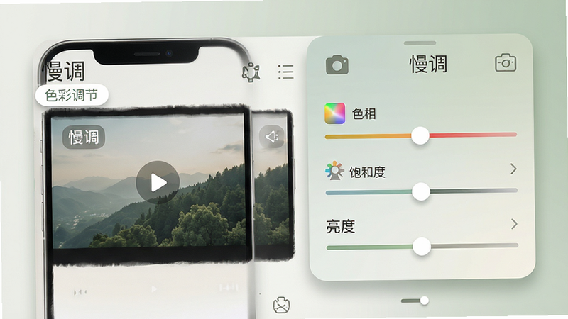 主体为一款名为“慢调”的手机APP界面展示,布局采用极简主义设计,左侧展示视频预览区域,右侧为色彩调节面板,包含色相、饱和度、亮度滑块。排版整洁有序,风格清新自然,色调以低饱和度的莫兰迪色系为主。细节处可见精细的图标设计与柔和的阴影效果,画质高清,干净无多余元素,文字标签清晰显示“慢调”及“色彩调节”。
