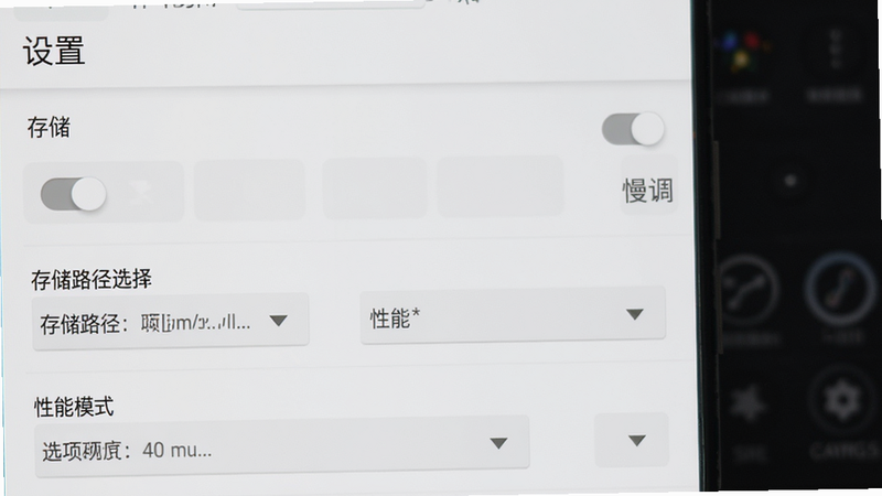 展示“慢调”软件在安卓手机上的设置界面,重点突出权限管理、存储路径选择与性能模式选项。布局清晰,列表式排版,风格简洁明了,细节展示开关按钮与下拉菜单,画质高清,干净无干扰元素,文字标注“设置”、“存储”、“性能”与“慢调”。