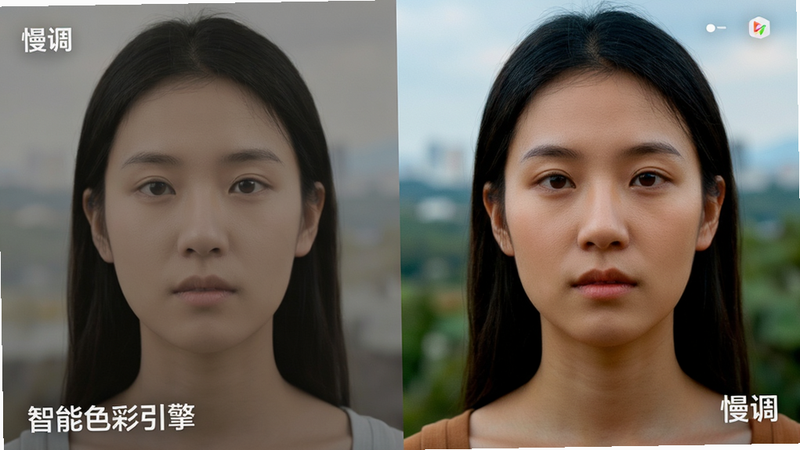 展示“慢调”软件的色彩调节过程对比图,左侧为原图,色调平淡;右侧为处理后效果,色彩浓郁且自然,突出人物肤色与背景分离度。布局采用左右分屏对比,风格现代简约,细节展示色彩颗粒感与光影过渡,画质超清,干净无水印,文字标注“智能色彩引擎”与“慢调”。