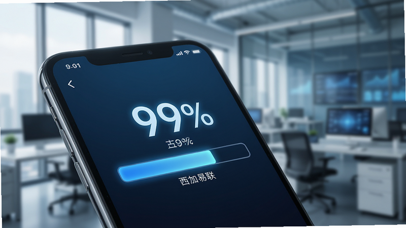 手机屏幕显示文件传输进度条,背景虚化为办公室环境,文字标注“99%”和“西加易联”,科技感蓝色调,细节清晰,高质量渲染