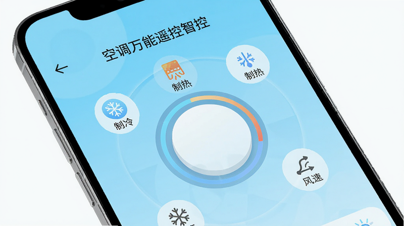 主体为一部现代智能手机,屏幕显示“空调万能遥控智控”App界面,界面中央是一个巨大的圆形温控按钮,周围环绕着“制冷”、“制热”、“风速”等图标,背景为清新的浅蓝色渐变,风格扁平化,细节清晰,画质高清,干净无多余元素