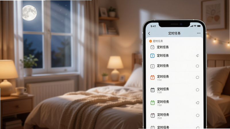 主体为手机界面显示“定时任务”列表,背景为温馨的卧室夜景,窗外月光洒入,风格温馨治愈,细节柔和,画质高清,干净无多余元素