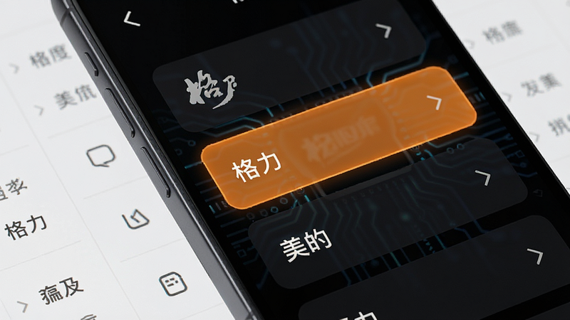 主体为手机屏幕特写,显示品牌选择列表,高亮显示“格力”、“美的”选项,背景为深色模式,风格科技感,细节锐利,画质4K,干净无多余元素