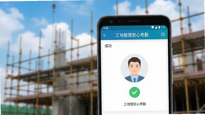 一张现代智慧工地场景图,主体为一部安卓手机屏幕显示“工地智慧安心考勤”APP界面,背景是模糊的脚手架和蓝天白云,界面清晰展示人脸打卡成功状态,风格写实,高清,无多余元素