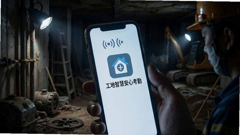 地下施工环境,光线较暗,一部手机屏幕亮起显示“工地智慧安心考勤”离线模式图标,旁边有信号断开的图标,风格工业风,细节丰富,画质清晰